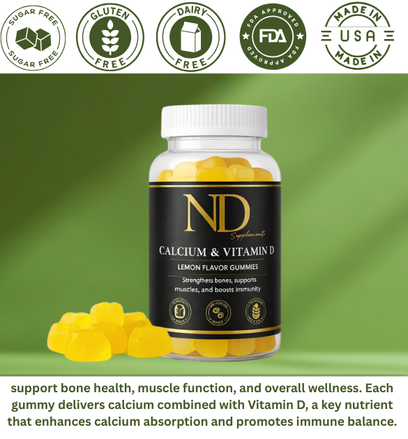 NDC Calcium + Vitamin D Gummies – Sugar-Free Lemon Flavor | Bone & Immune Support | 60 Gummies